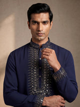 Deep navy crepe silk kurta suit with antique silver embroidered bib
