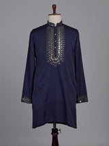 Deep navy crepe silk kurta suit with antique silver embroidered bib