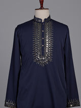 Deep navy crepe silk kurta suit with antique silver embroidered bib