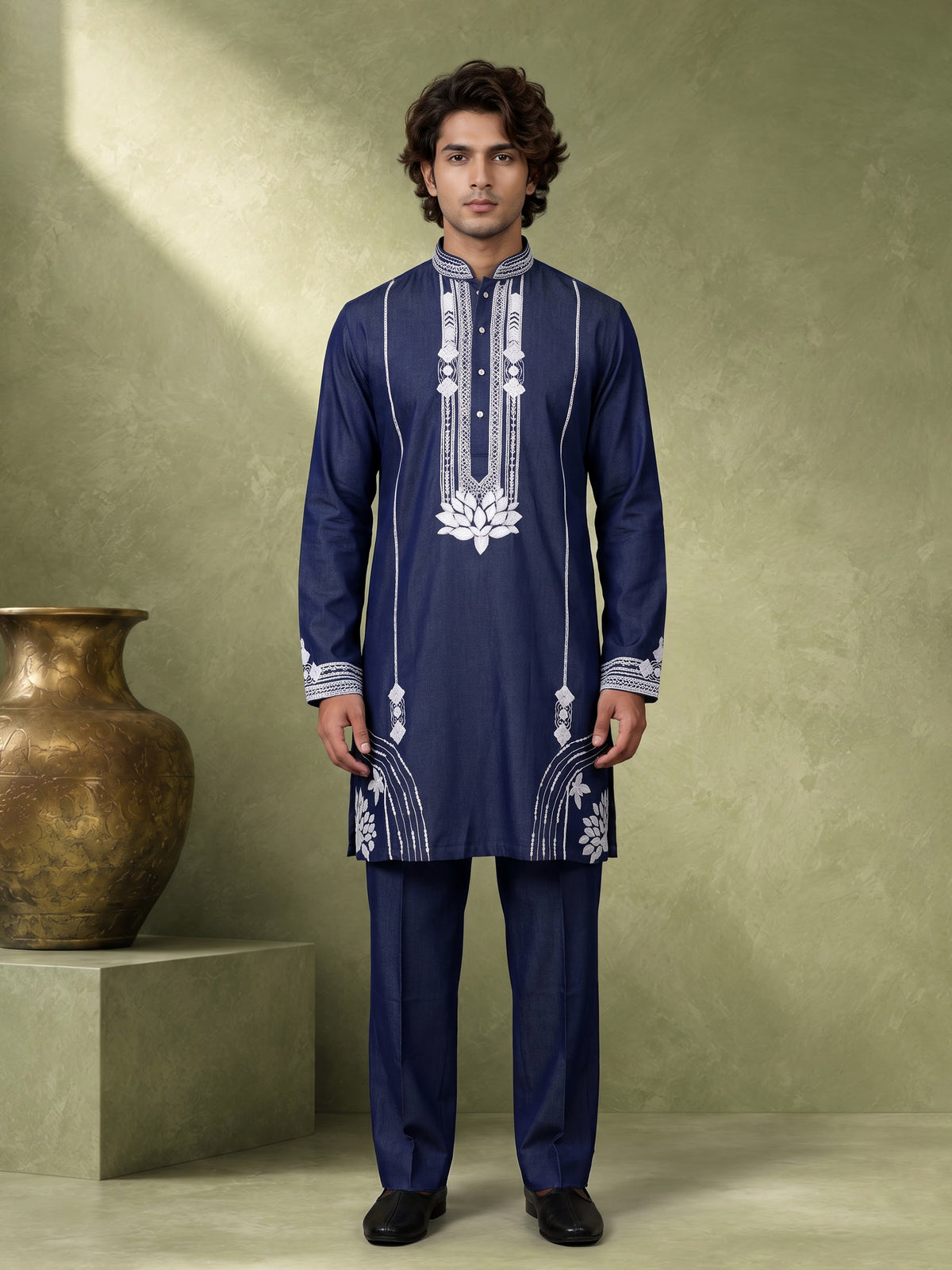 Indigo blue cotton kurta suit with white lotus embroidery