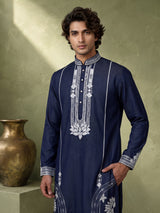 Indigo blue cotton kurta suit with white lotus embroidery