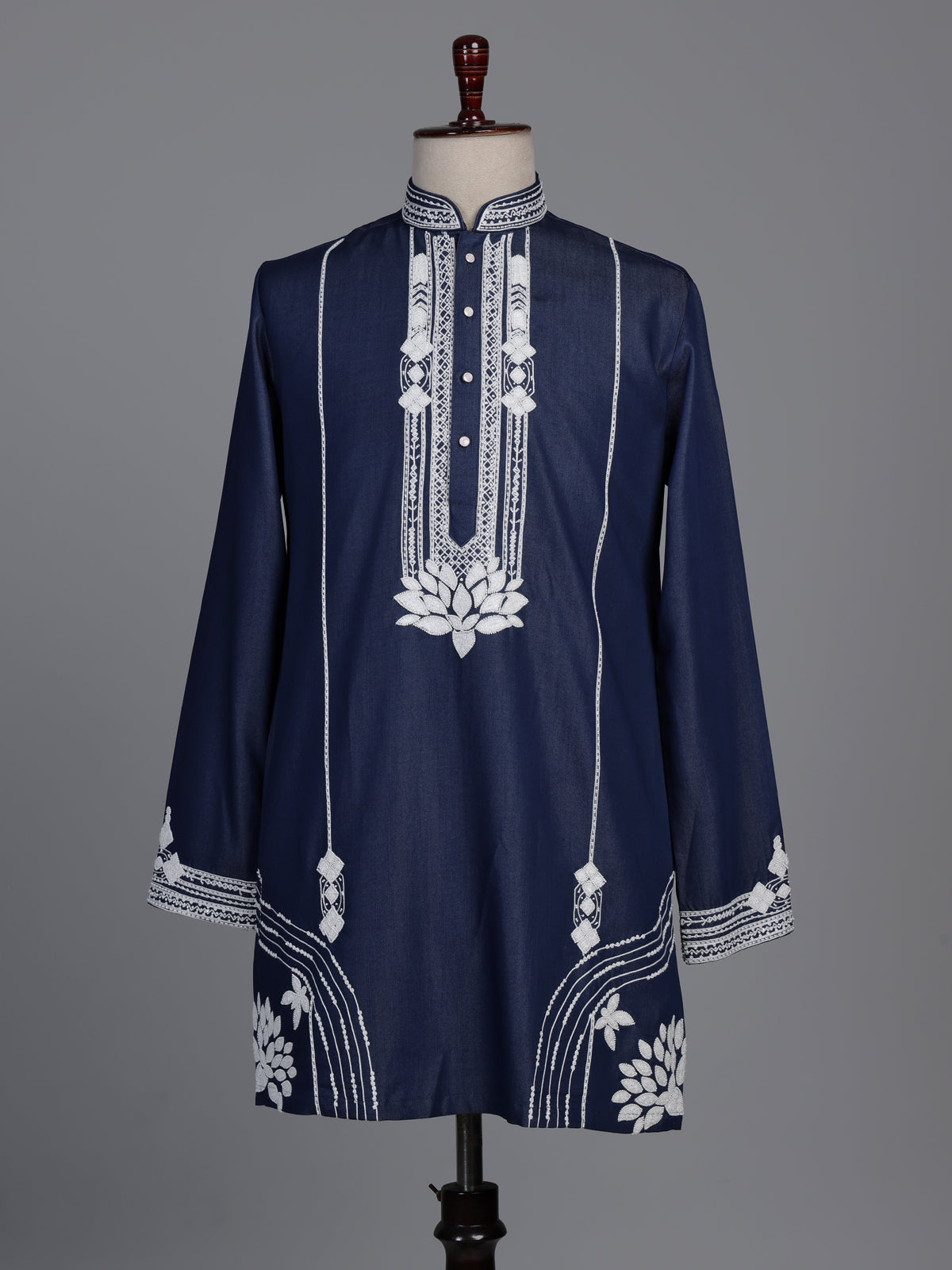 Indigo blue cotton kurta suit with white lotus embroidery