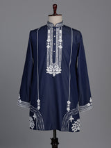 Indigo blue cotton kurta suit with white lotus embroidery