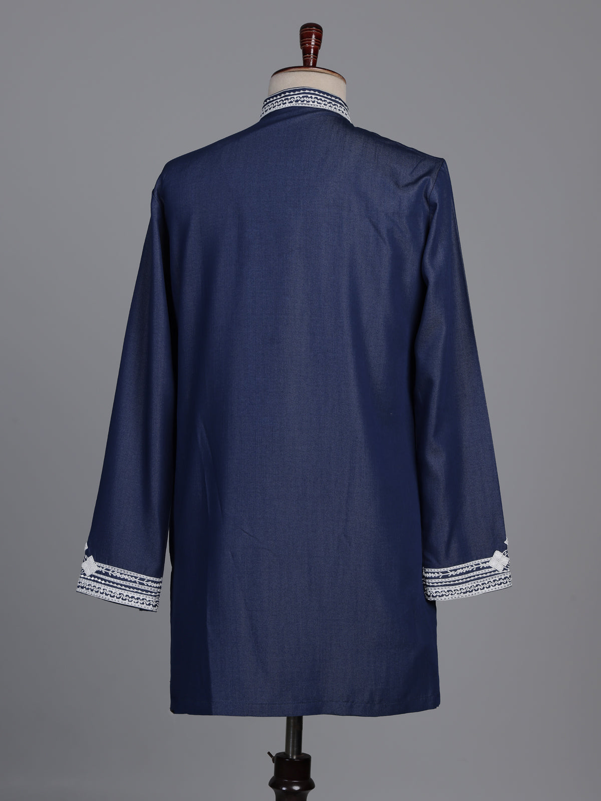 Indigo blue cotton kurta suit with white lotus embroidery