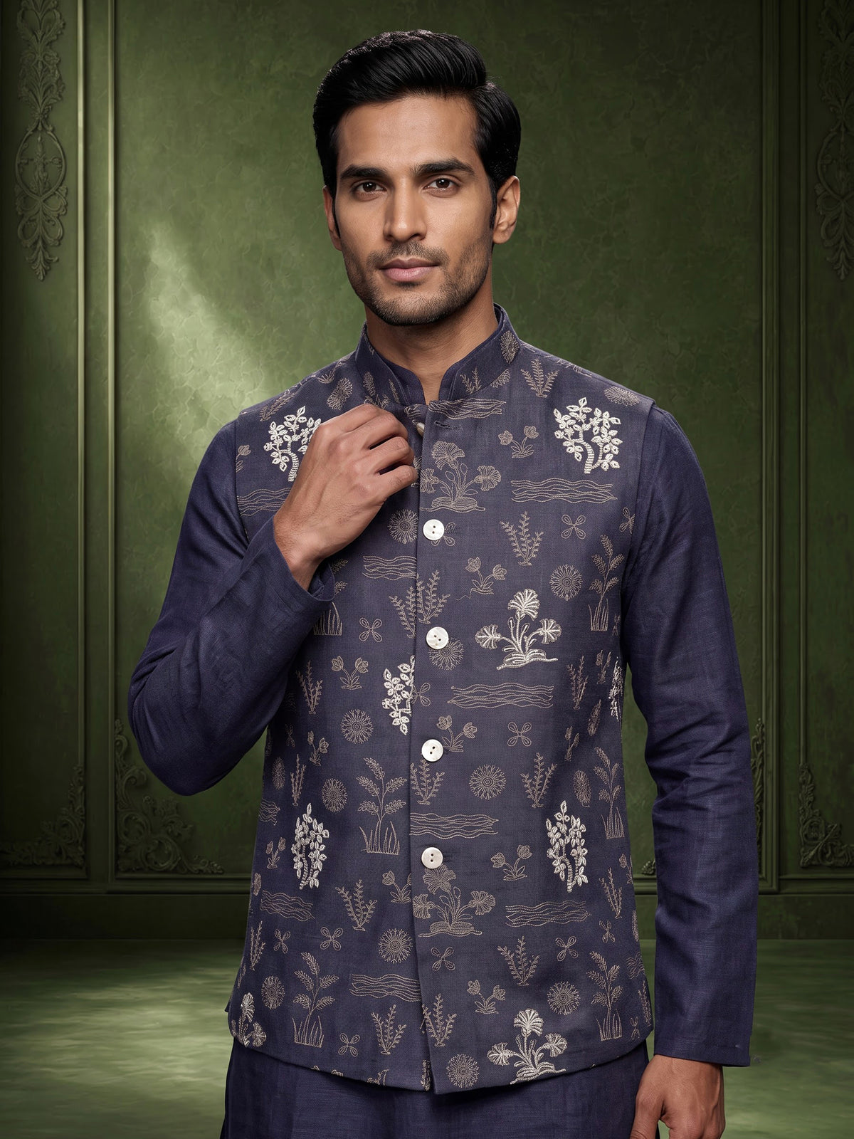 Lavender purple linen waistcoat set with floral embroidery