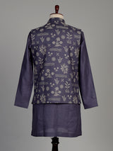 Lavender purple linen waistcoat set with floral embroidery