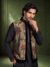 Black raw silk waistcoat set with antique gold floral brocade