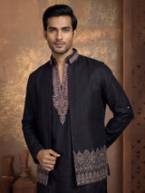 Charcoal black silk blend waistcoat set with embroidered jacket