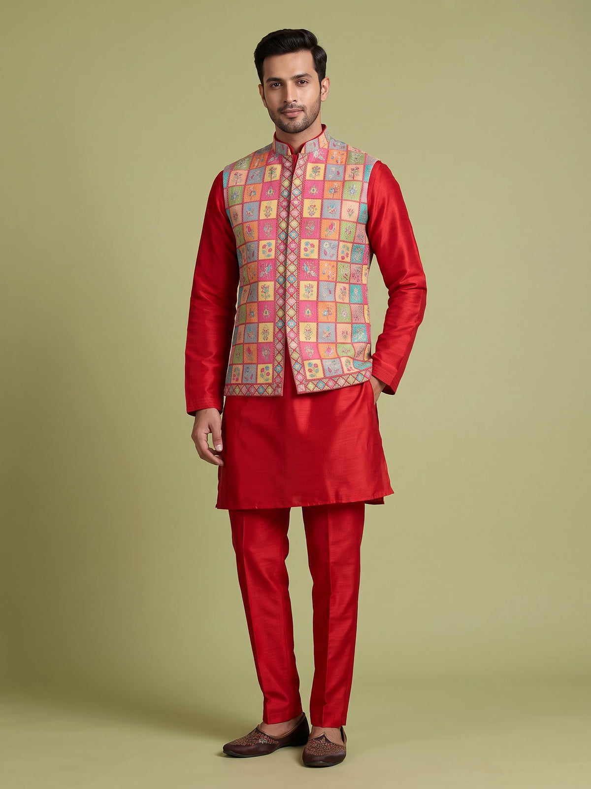 Deep magenta silk waistcoat set with floral texture and sequins