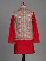 Deep magenta silk waistcoat set with floral texture and sequins