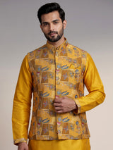Mustard yellow silk waistcoat set with resham and sequin detailing