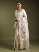 White semi cotton silk saree with embellished bird motifs and tasselled pallu