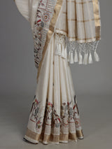 White semi cotton silk saree with embellished bird motifs and tasselled pallu