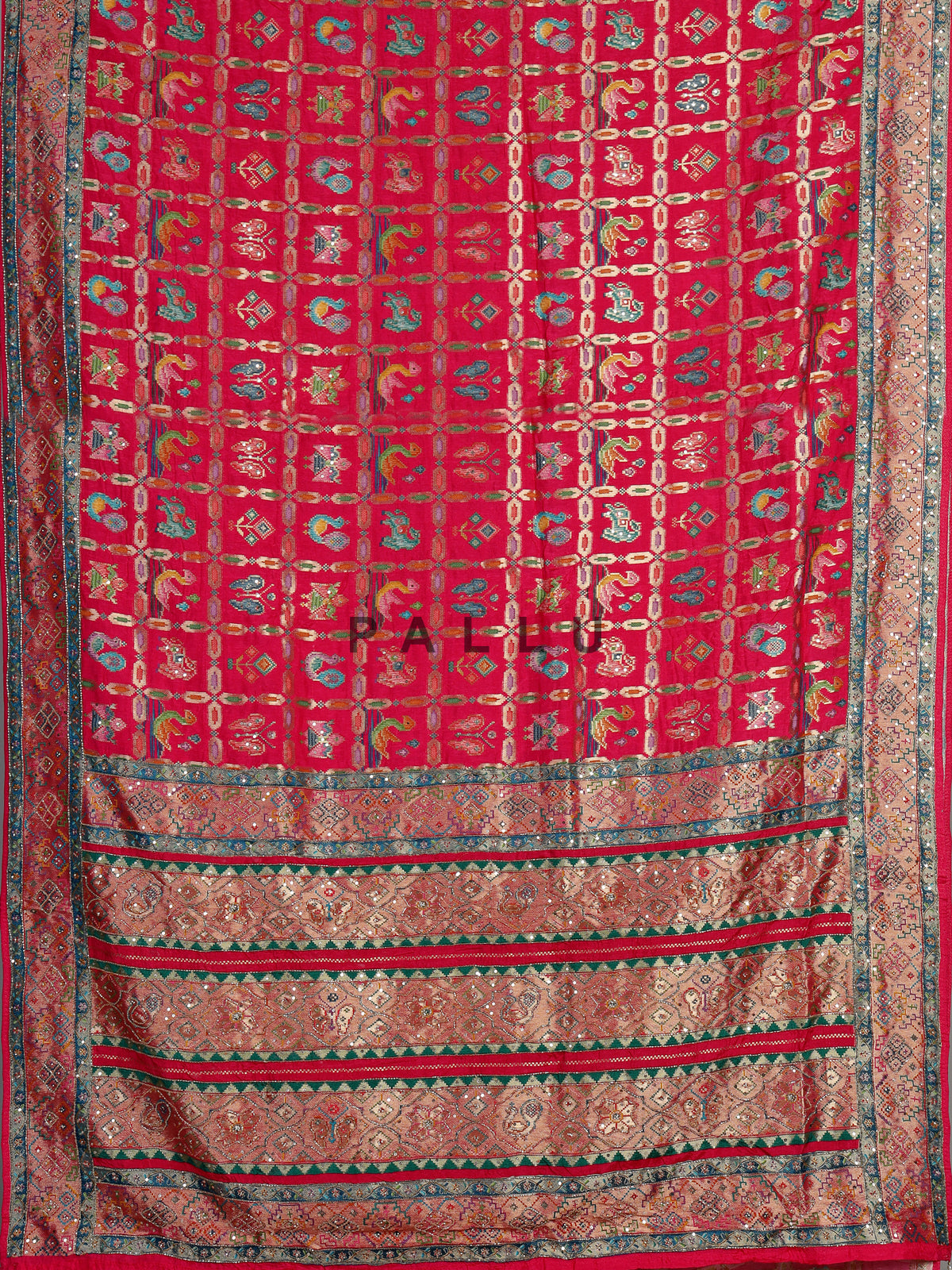 Deep rani pink modal satin saree with colourful motifs and embellishments