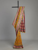 Mustard yellow modal satin saree with colourful motifs and tassel detailing