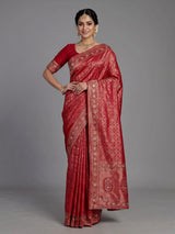 Rani pink kanjivaram silk saree with intricate sequins and mirror detailing