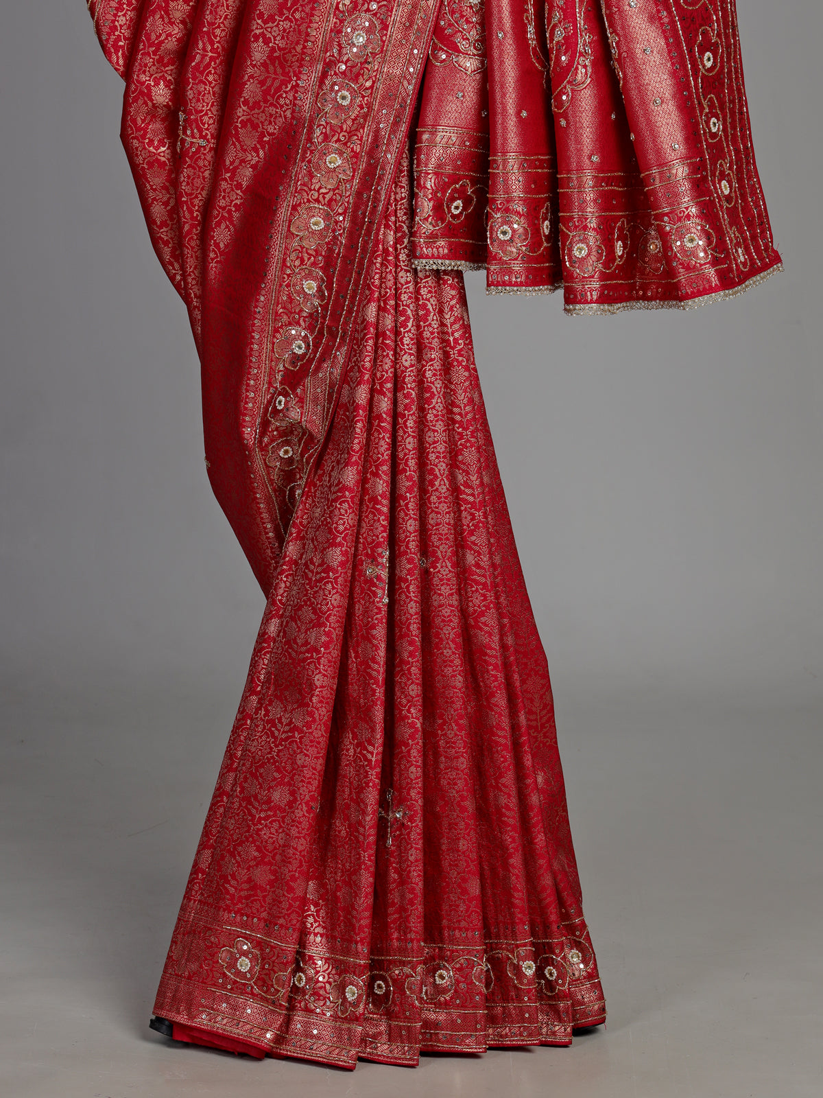 Rani pink kanjivaram silk saree with intricate sequins and mirror detailing