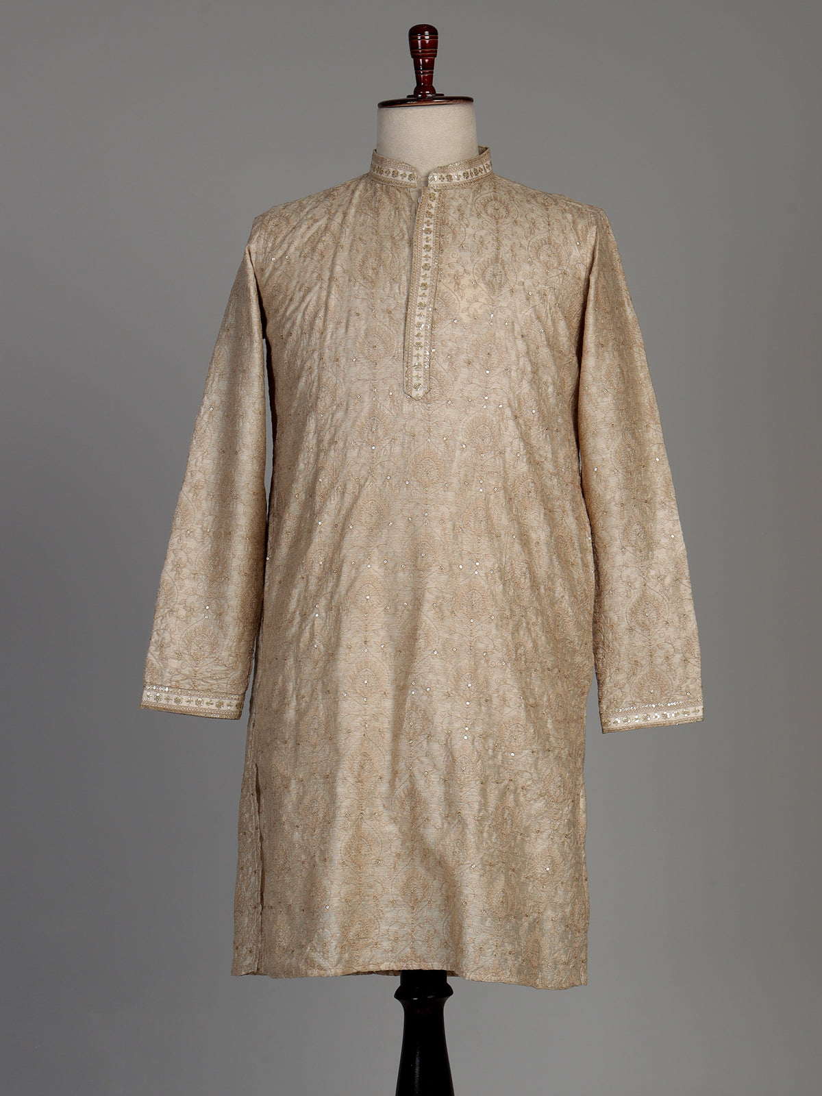 Beige silk kurta set with tonal threadwork and sequins