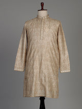 Beige silk kurta set with tonal threadwork and sequins