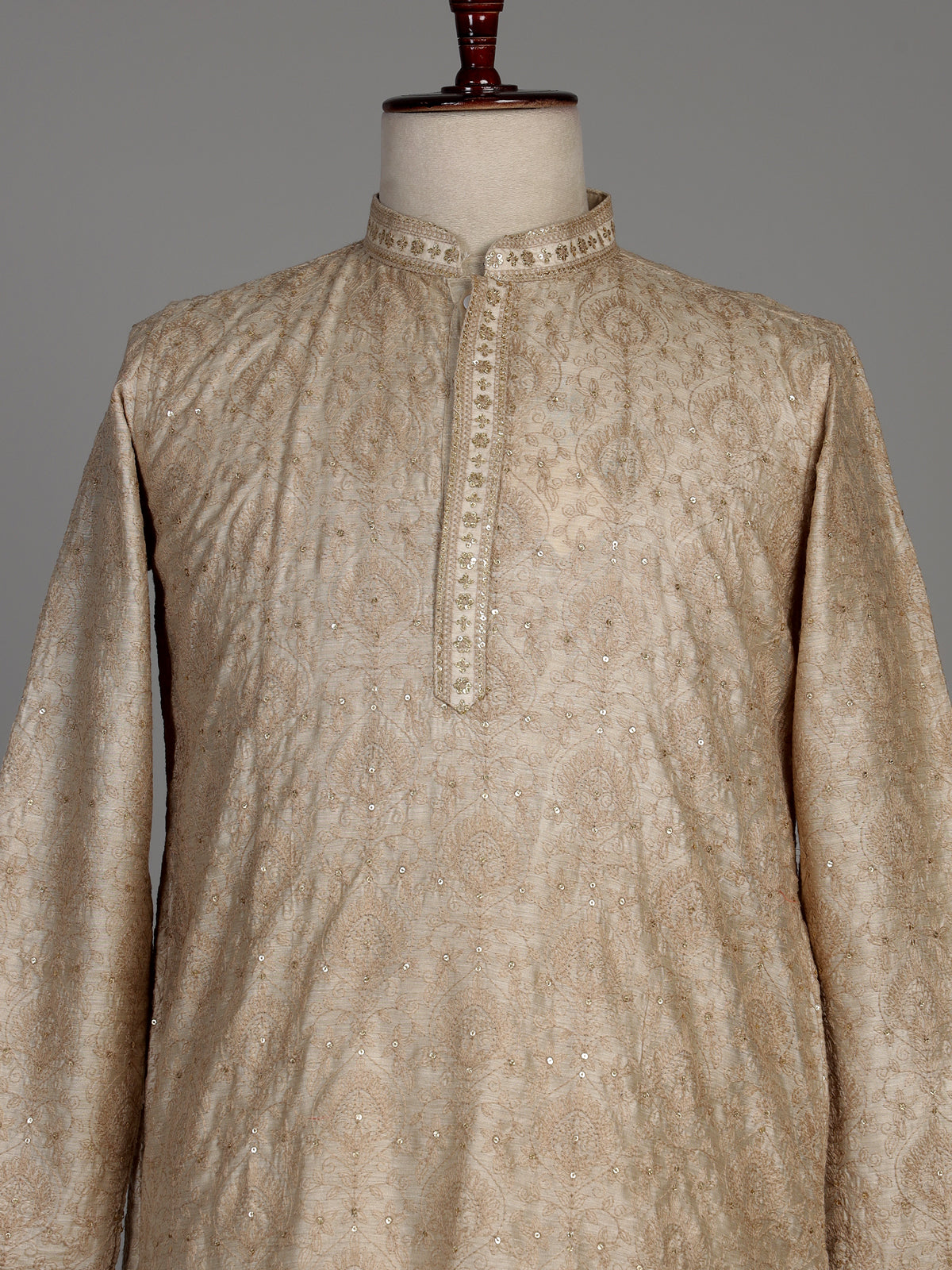 Beige silk kurta set with tonal threadwork and sequins