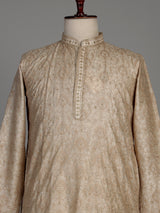 Beige silk kurta set with tonal threadwork and sequins