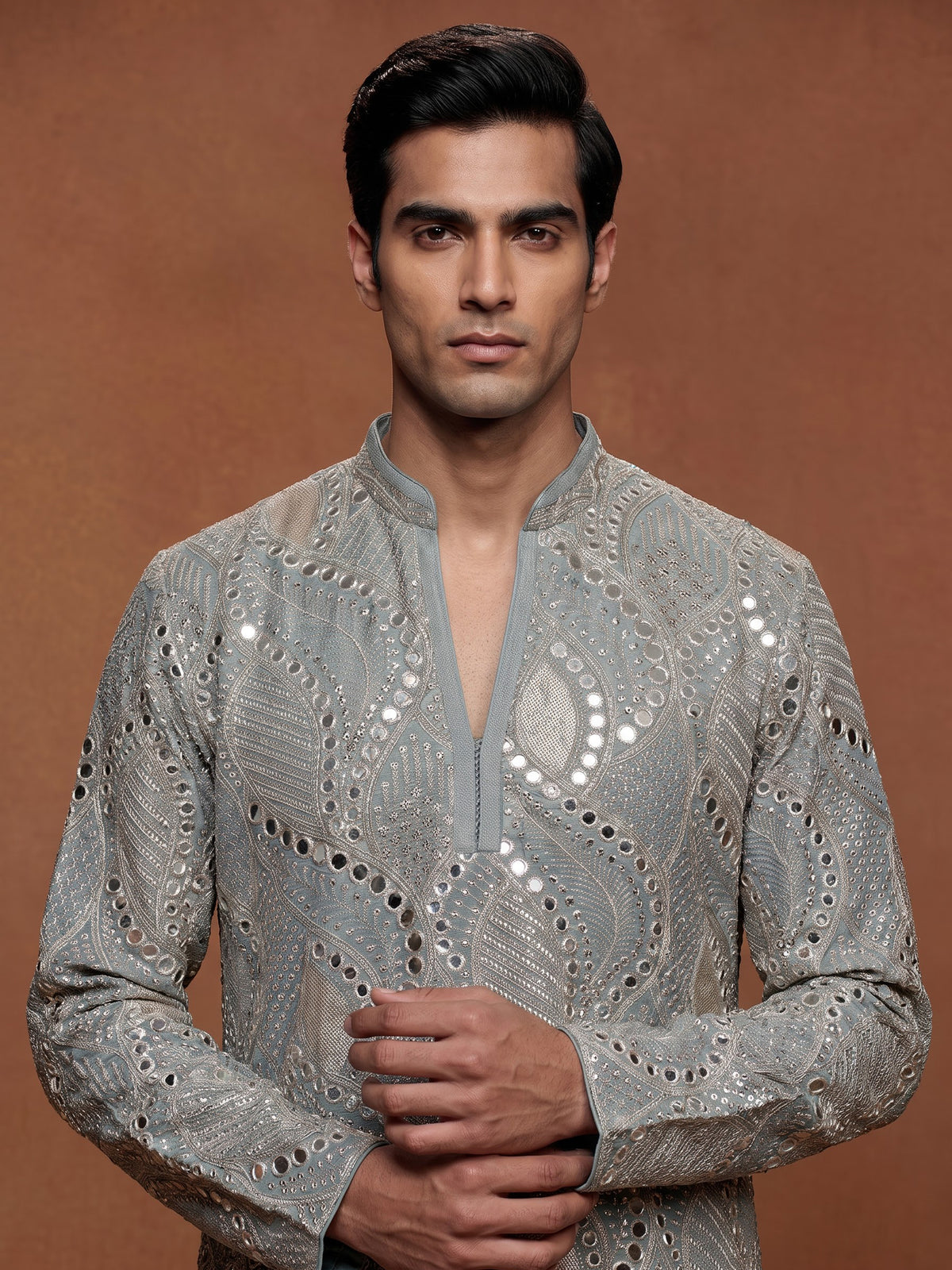 Pastel mint blue silk kurta set with embellished swirl embroidery