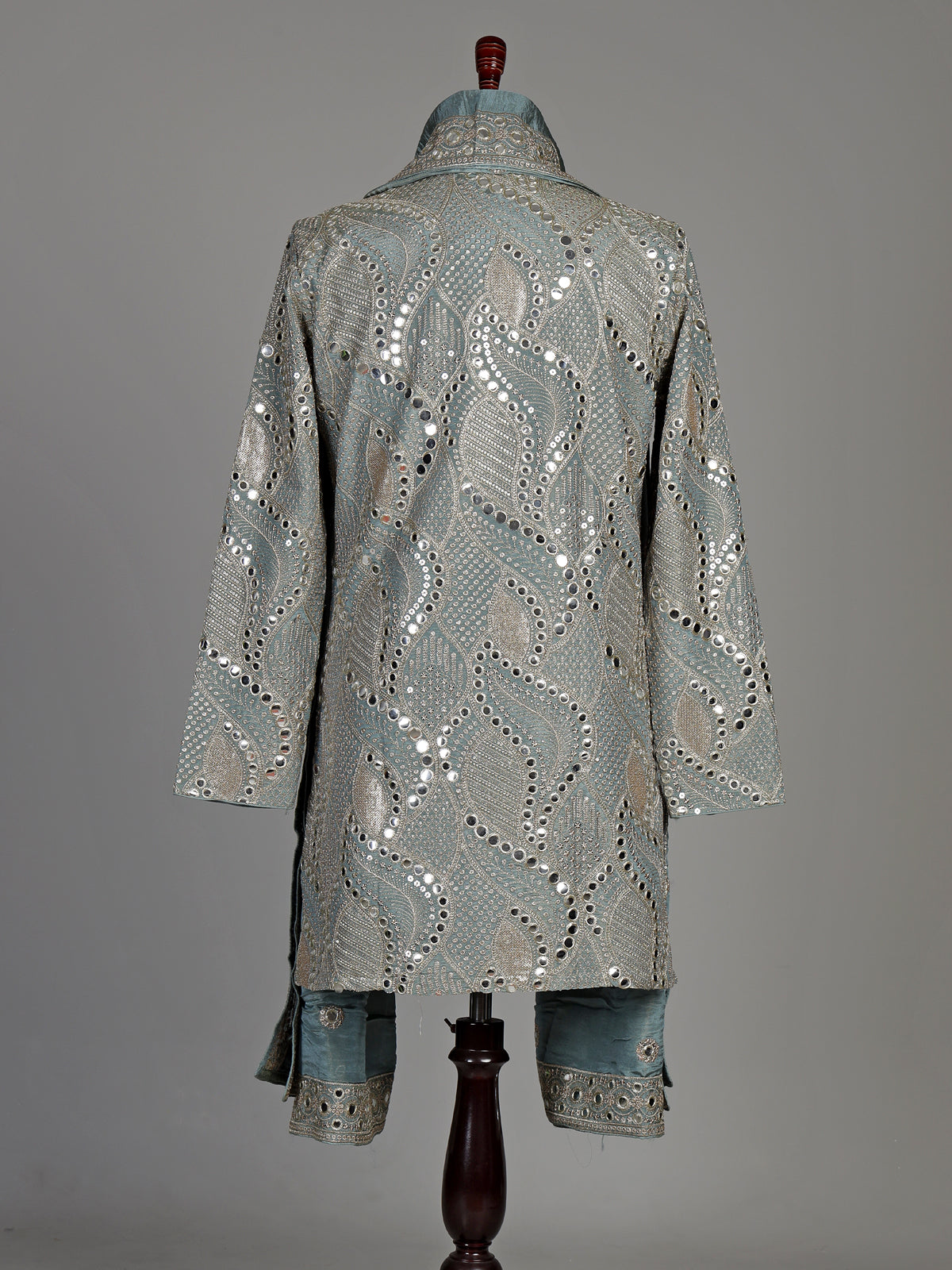 Pastel mint blue silk kurta set with embellished swirl embroidery