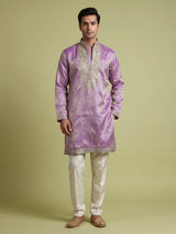 Pastel lilac silk blend kurta set with embroidered yoke detailing