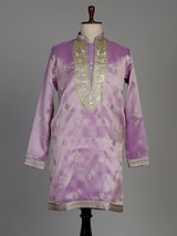 Pastel lilac silk blend kurta set with embroidered yoke detailing