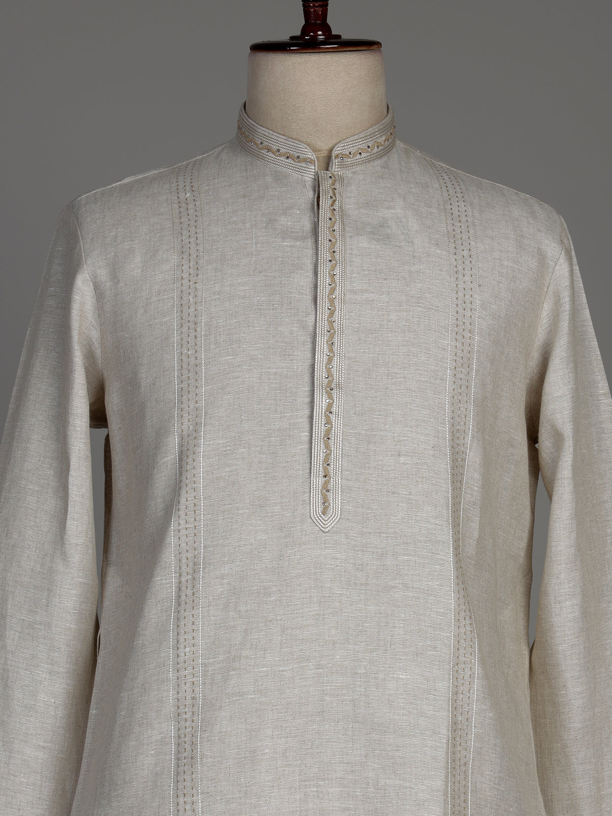 Beige cotton linen kurta set with tonal panels and stonework