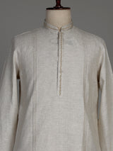 Beige cotton linen kurta set with tonal panels and stonework