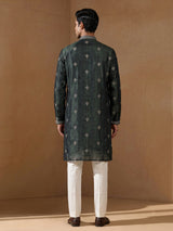 Forest green silk blend kurta set with antique silver detailing