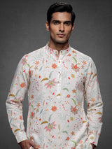 White cotton blend kurta set with multicolour floral prints