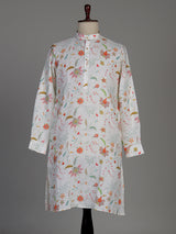 White cotton blend kurta set with multicolour floral prints