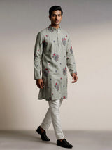 Sage green cotton linen kurta set with floral paisley embroidery