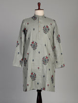 Sage green cotton linen kurta set with floral paisley embroidery