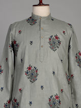 Sage green cotton linen kurta set with floral paisley embroidery