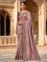 Lavender purple pashmina saree with floral embroidery and pearl detailing