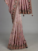 Lavender purple pashmina saree with floral embroidery and pearl detailing