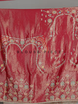 Cream pashmina saree with floral motifs and contrasting embellished border
