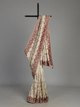 Cream pashmina saree with floral motifs and contrasting embellished border