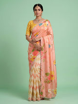 Peach crepe silk saree with floral prints and delicate aabla work
