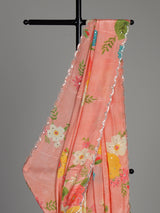 Peach crepe silk saree with floral prints and delicate aabla work