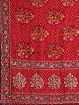 Red muslin silk saree with bandhani print and traditional aabla embellishments