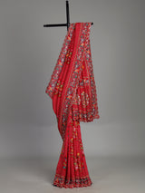 Red muslin silk saree with bandhani print and traditional aabla embellishments