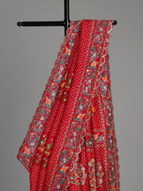 Red muslin silk saree with bandhani print and traditional aabla embellishments