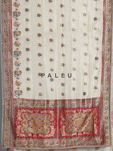 Cream pashmina saree with elephant and bird motifs and zari