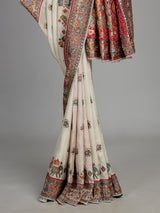 Cream pashmina saree with elephant and bird motifs and zari