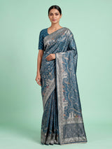 Teal blue semi silk saree with artistic animal and bird motifs