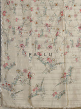 Cream tusser silk saree with floral prints and embellished beadwork